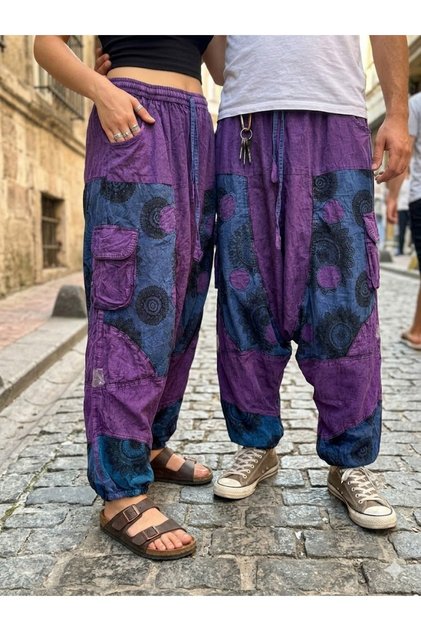 Unisex Nepalese Authentic Ethnic Casual Hippie Bohemian Trousers with Elastic Waist and Cuffs, Pack of Cargo Pocket