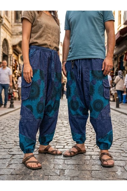 Unisex Nepalese Authentic Ethnic Casual Hippie Bohemian Trousers with Elastic Waist and Cuffs, Pack of Cargo Pocket