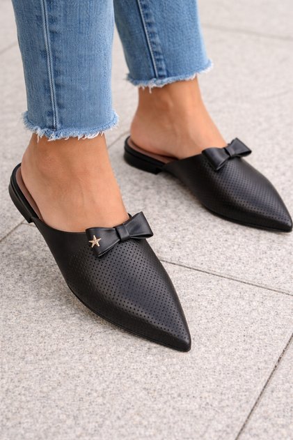 Women's Stylish Pointed Toe Bowknot Loafers Slipper Genuine Black Leather