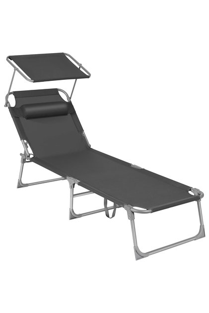 Șezlong pliabil cu parasolar și tetieră, maxim 150 kg, 193x53x29cm, gri