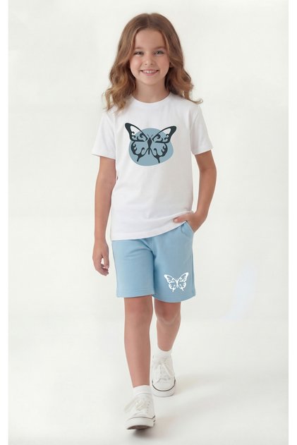 Round Neck T-Shirt with Colorful Capri Print Detail Summer Girls' Top and Bottom Set