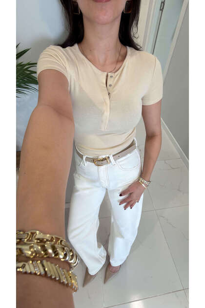Dlvin Siras Stone Stud Button Short Sleeve Blouse