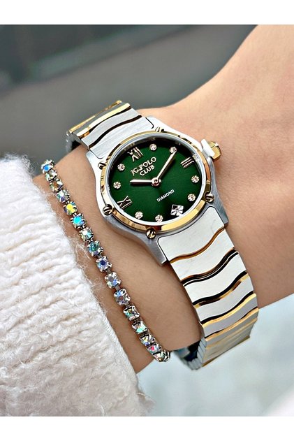 JG.POLO CLUB DIAMOND CERTIFICATE YEŞİL KADRANLI ROMA TAŞ RAKAMLI GOLD GÜMÜŞ ÇELİK KADIN KOL SAATİ