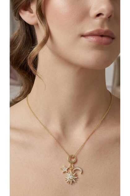 Meyra 316L Zircon Stone Sky Face Themed Gold Charm with Sun and Crescent Figures Steel Necklace Stainless