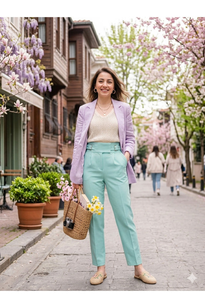Pantaloni cu picior largi, verde mentă, talie înaltă curea li, culoare morcov
