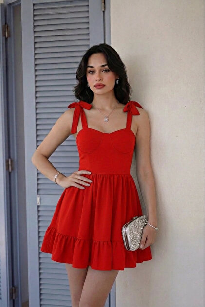 ALFUDO Moda Collection Women's Strapless Collar Tie-Detail Strap Design  Flared Mini Homecoming Evening Dress- Trendyol