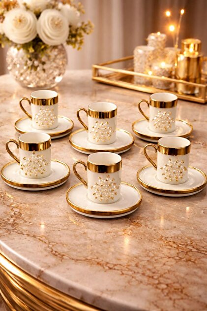 YzHome 6 Kişilik Gold Yaldızlı Porselen Lotus Çiçek Kahve Fincan Takımı ...