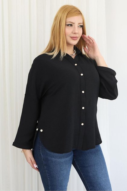 Plus Size Ayrobin Fabric Shirt with Pearl Brooches on the Sides
