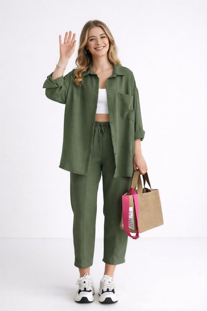 Set de damă cu cămașă și pantaloni cu aspect de in, kaki