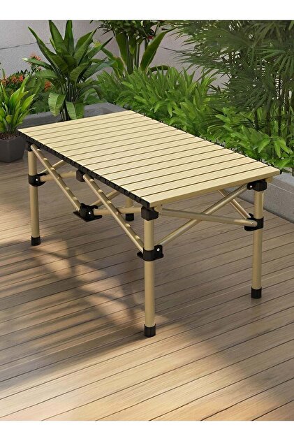 Folding Camping Table, Portable Aluminum Folding Table BBQ, Beige Color - Size 95 * 55 * 50cm
