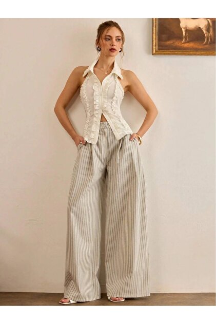 Striped Linen Palazzo Pants High Waist | Wide-Leg Comfortable Cut Double Pocketed Casual Stylish Design