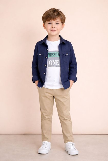Navy Blue Long Sleeve Buttoned Shirt and T-Shirt Boys' 3-Piece Pants Set 23757
