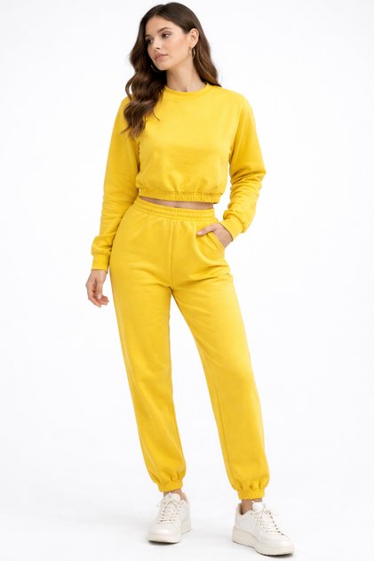 Kadın Sarı İkili Eşofman Takımı Crop Sweatshirt Jogger Alt Rahat Spor Takım