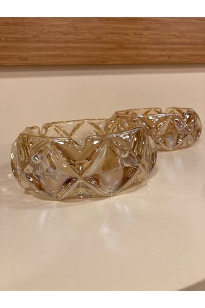 Ashtray 2-Piece Cut Crystal Glass Honey Color Look Diamond Pattern Pi 13 cm