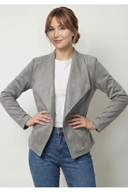 Kadın Gri Süet Dokulu Blazer Ceket Casual ve Günlük Ofis Stili