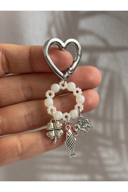 Lucky Elephant, Fish and Clover Keychain - Bag Charms with Heart Clip Figures, Gift for a Friend