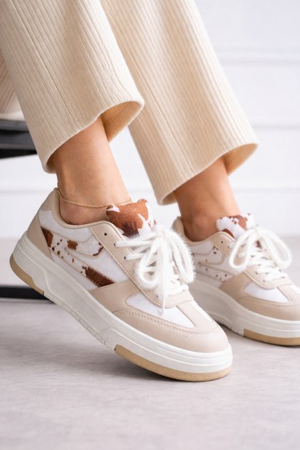 Kadın Sneaker Bej Kahve Detaylı Günlük Spor Ayakkabı – Kalın Taban, Rahat Tabanlı, Şık Ayakkabı