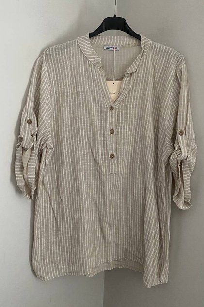Women's Italian Beige Three-Button Collar with Placket Striped 3/4 Sleeves Loose 100% Cotton Blouse Tunic