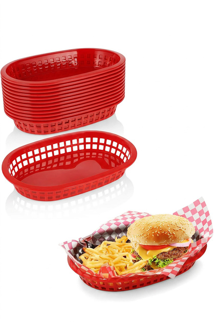 🍔   10-Piece Plastic Hamburger, Potato, Nachos and Snack Serving Basket, Restaurant Basket-Red