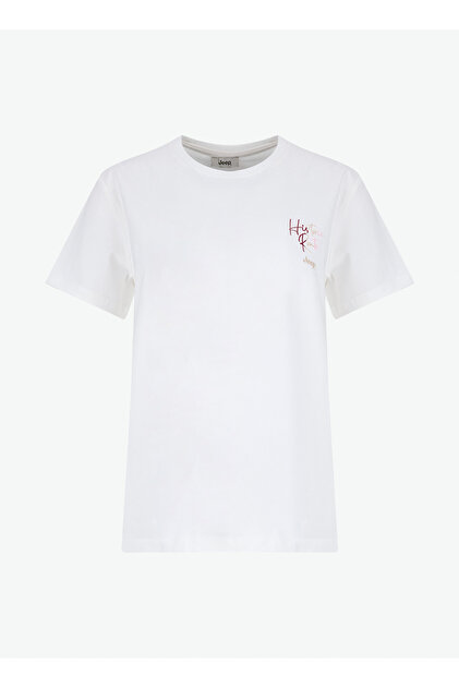 Jeep Bisiklet Yaka Baskılı Kırık Beyaz Kadın T-Shirt J6SL-TST7113