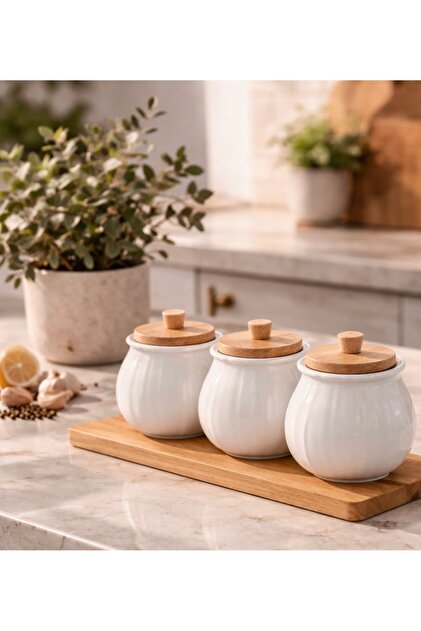 Pembelia Life 3'lü Bambu Standlı Porselen Baharatlık Set Baharat