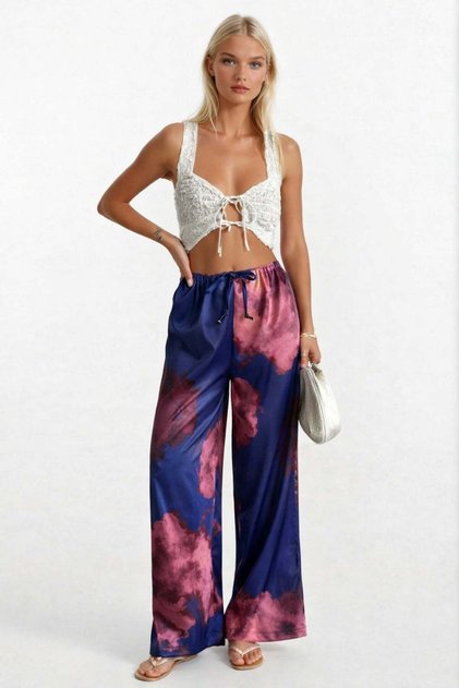 Patterned Satin Trousers with Elastic Waist