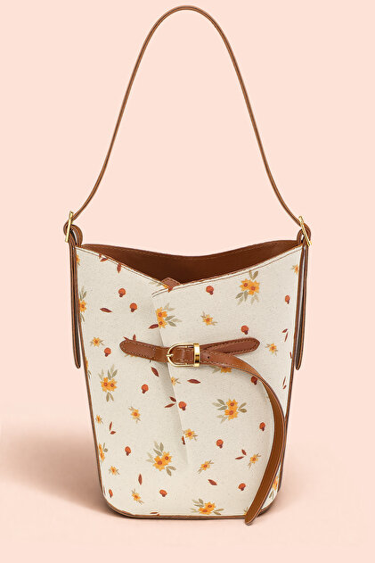 Luna Papatya Patterned Canvas Bucket Shoulder Bag - Adjustable Shoulder Strap, Gold Accessories