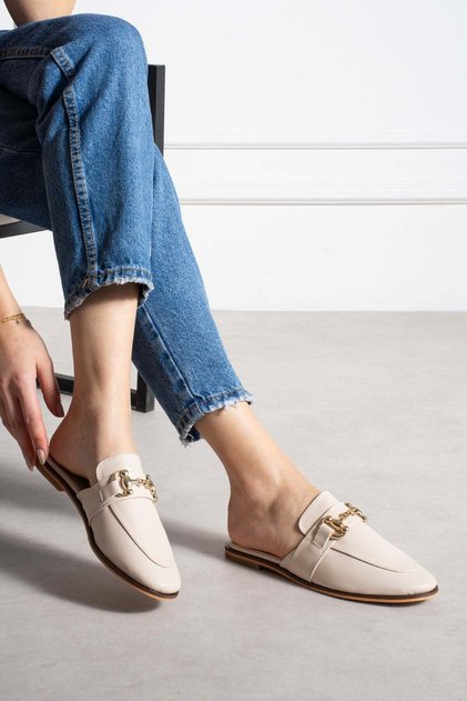 Loive Women's Slipper Frontal Buckled Beige Leather