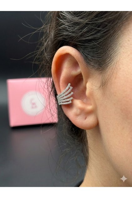 Gümüş Kanat İşlemeli Kıkırdak Küpe , 5 Sıralı Kristal Earcuff Küpe , Gold Sıkıştırmalı Modern Küpe