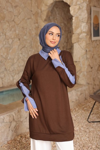 Brown Striped Woven Modal Paneled Tunic