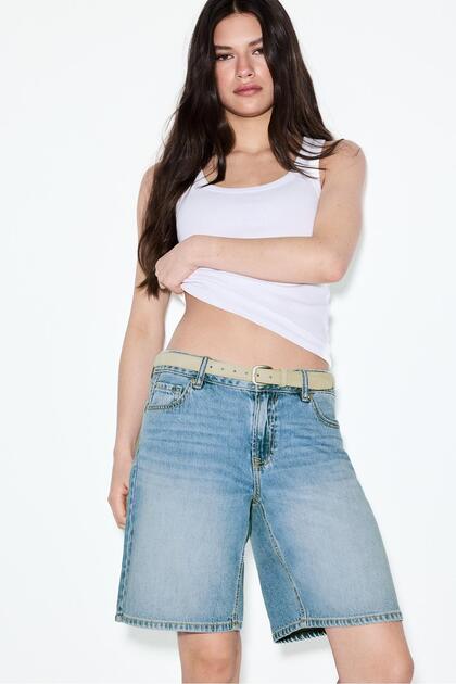 Kemerli denim bermuda