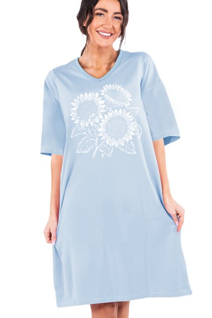 Summer Flowers Light Blue V-Neck Half Sleeve Knee Length Comfortable Home Dress Nightgown