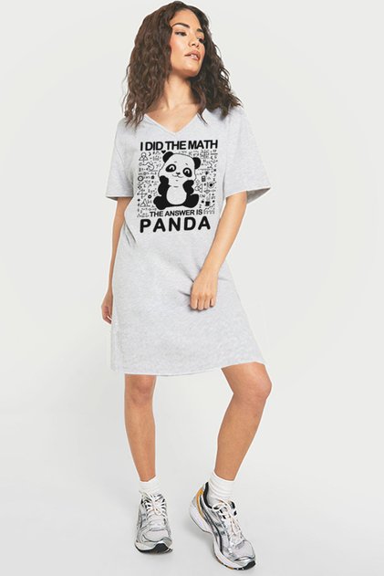 Panda Answer Gray V-Neck Half Sleeve Knee Length Comfortable Home Dress Nightgown