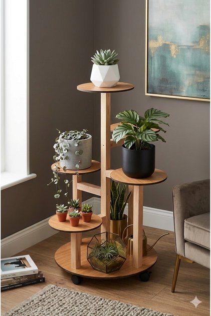 Tekerlekli Çiçeklik 5 Raflı Dekoratif Ahşap Saksılık MDF (ALTLIK KULLANINIZ) Stand Doğal Modern Çiçek Rafı Kasnaklı