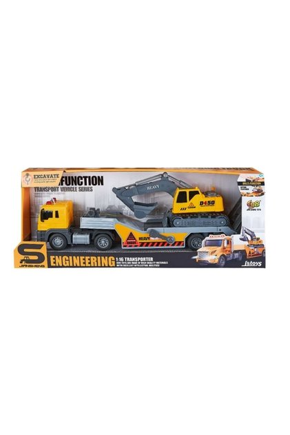 Camion transportator cu excavator, frictiune, sunete si lumini, 1:16, JSTOYS,