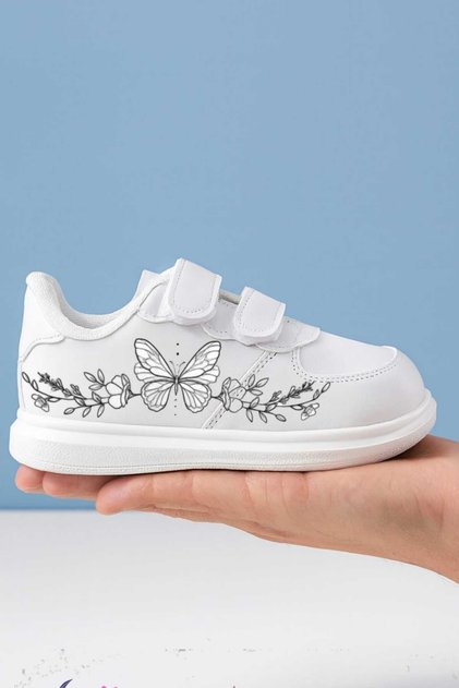 Animated Character Printed Girls' and Boys' Sports Shoes with Velcro Fasteners and White Sneaker Bands