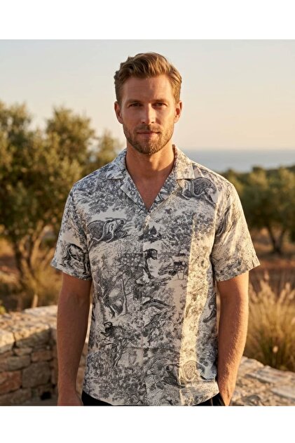Recien Men's Toile De Jouy Safari Patterned Cuban Collar Short Sleeve Shirt – Th405