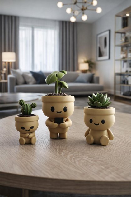 3'lü Set Dekoratif Minimalist İnsan Figürlü Saksı ve Yapay Sukulent Kaktüs Seti, 3D PLA Filament