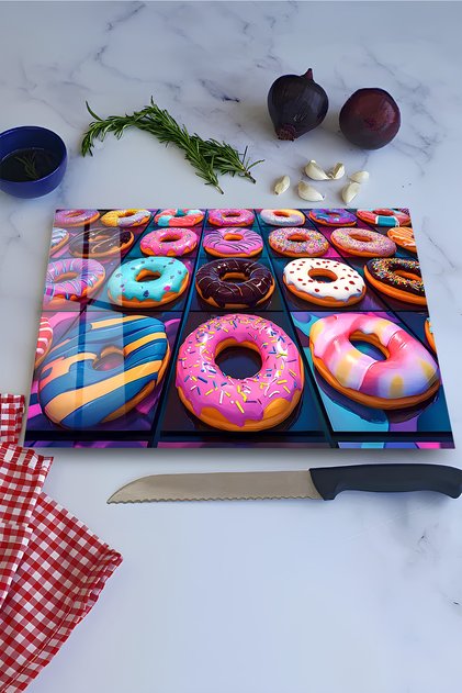 Colorful Donut Patterned Tempered Glass Cutting Board 30X40 cm Size Uv Printing - Bckt044