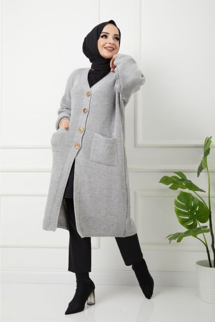 Women's Buttoned Pocket Gray Knitwear Loose Cardigan