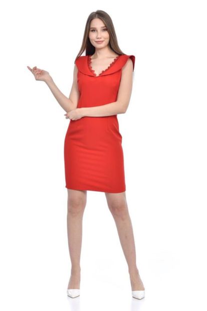 Modkofoni V Yaka Dantel Detaylı Kırmızı Kadın Abiye Elbise - 1