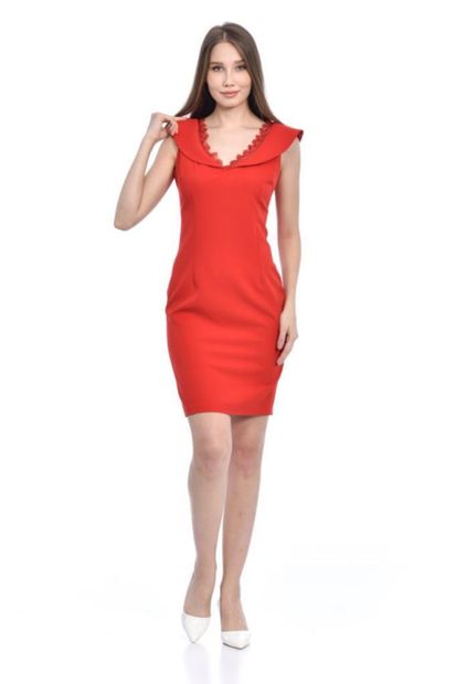 Modkofoni V Yaka Dantel Detaylı Kırmızı Kadın Abiye Elbise - 2