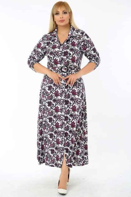 Floral Patterned Belted Long Sleeve Slit Shirt Dress