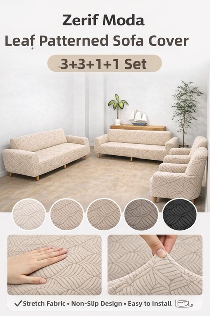 Leaf Patterned Seat Cover 3+3+1+1 Set Stretchy Elastic Non-Slip Full-Fit Sofa Cover