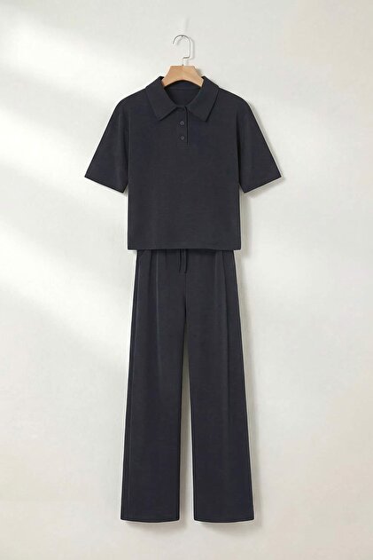 Drop by Trendyolmilla Antrasit Polo Yaka Dar Kalıp Modal Pike Alt