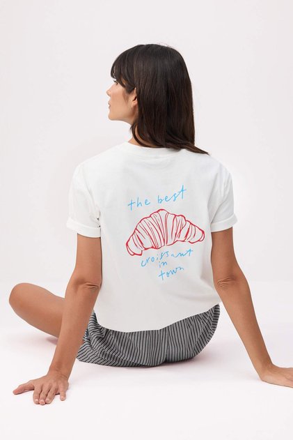 Ekru Baskılı Oversize/Geniş Kalıp Kısa Kollu %100 Pamuk Örme T-Shirt TWOSS26TS00116