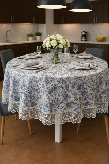 Round Tablecloth Guipure Blue Leaf Patterned Picnic Dowry Place Table Cloth Decorative Quality Stylish Tableware