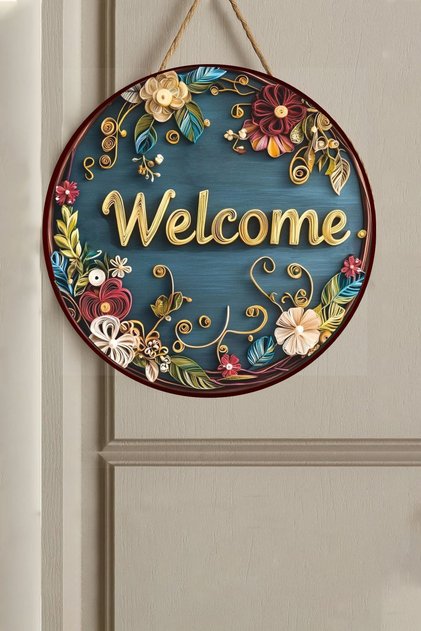 "Welcome" Kapı Süsü - Çiçek Desenli Ahşap MDF 2D Baskı Düz