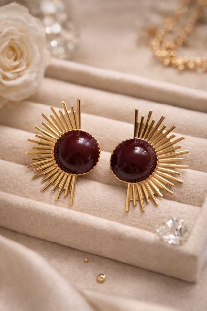Burgundy Stone Sun Model Gold Color Vintage Earrings