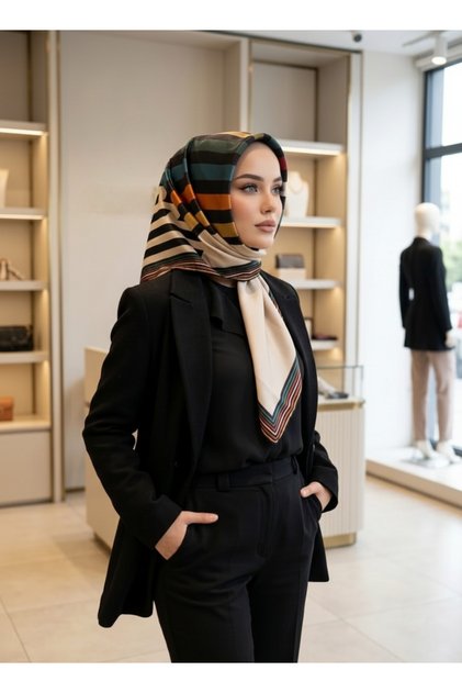 Geometrik Çizgili Sura İpek Eşarp